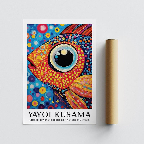 Decorative colorful fish art print with orange fins and soft blue background