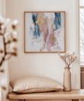 Pink Abstract Square Art for dining room wall with Pink, Blue, Gold palette