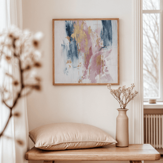 Pink Abstract Square Art for dining room wall with Pink, Blue, Gold palette