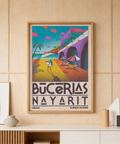 Mexico Coastal Wall Art scene featuring loungers, surfboard, and festive bunting flags