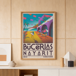 Mexico Coastal Wall Art scene featuring loungers, surfboard, and festive bunting flags