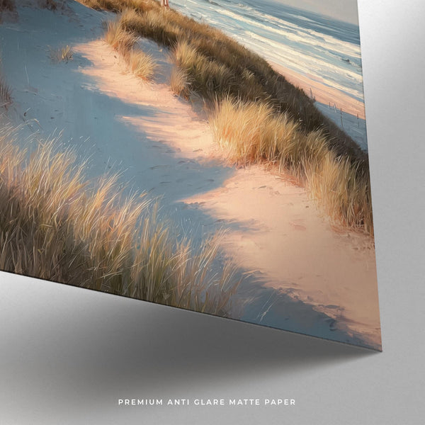 Lighthouse wall art with a warm-toned beach scene under soft pastel skies.