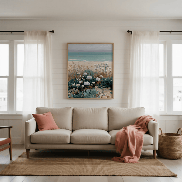 Bedroom art print featuring Beach Floral Art, Blue, Beige, Pink colors