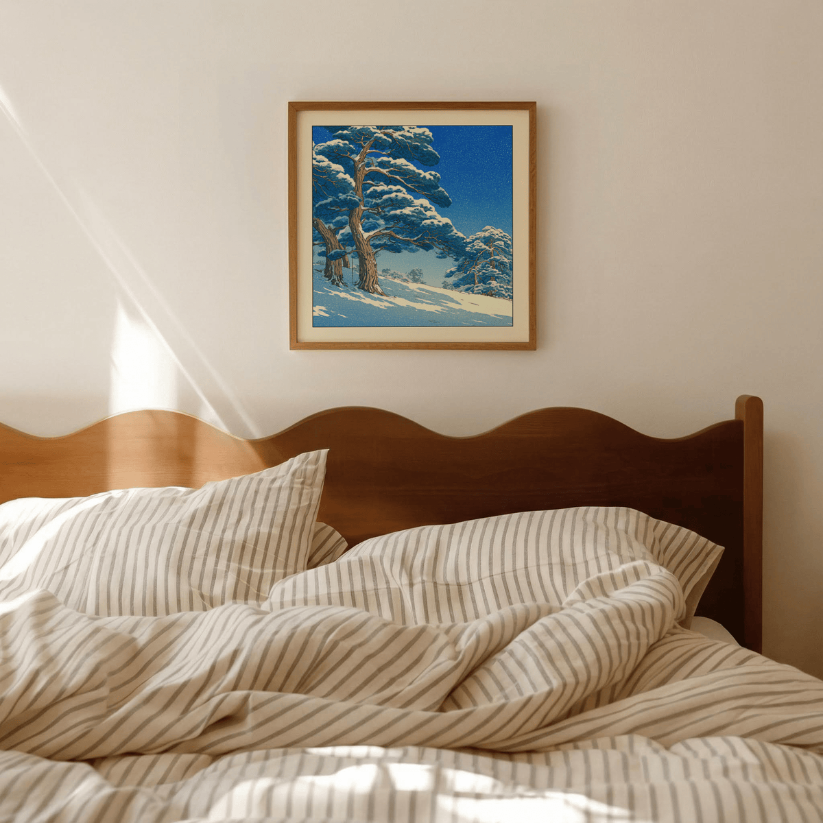 Landscape wall art print of winter pines with twisting trunks and speckled snowfall