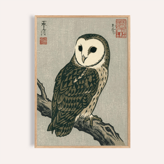 Japanese Owl Art Print in gray, green, and brown for living room wall art