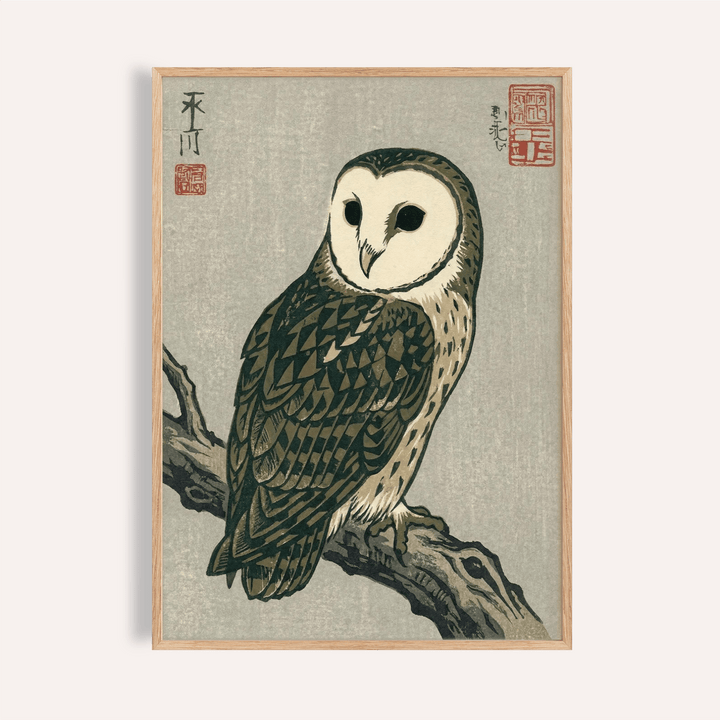 Japanese Owl Art Print in gray, green, and brown for living room wall art