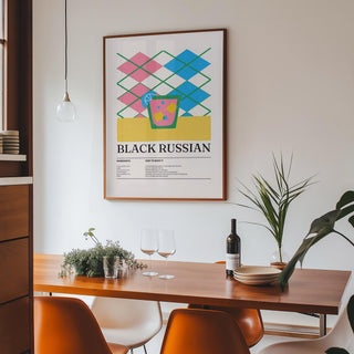 Retro drink poster showing a Black Russian recipe with bold patterns.