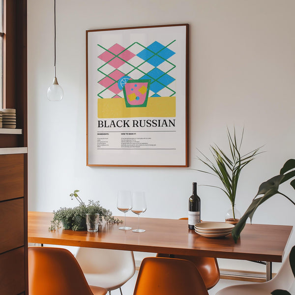 Retro drink poster showing a Black Russian recipe with bold patterns.