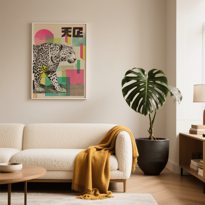Abstract Leopard Print wall art with colourful geometric collage hanging above cream sofa with mustard throw