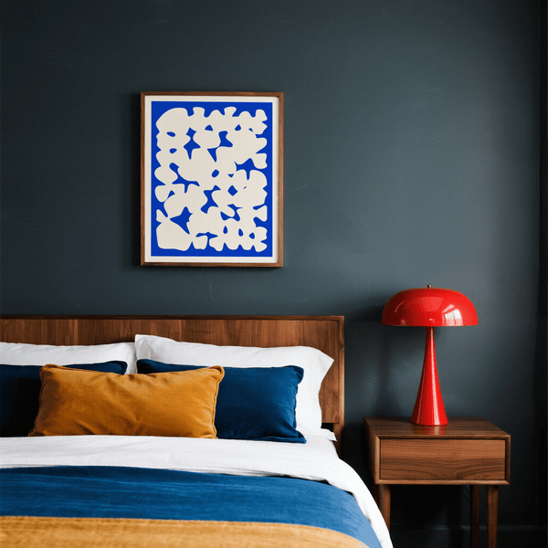 Blue and White Modern Art poster, main colors blue and white, ideal for modern dining rooms
