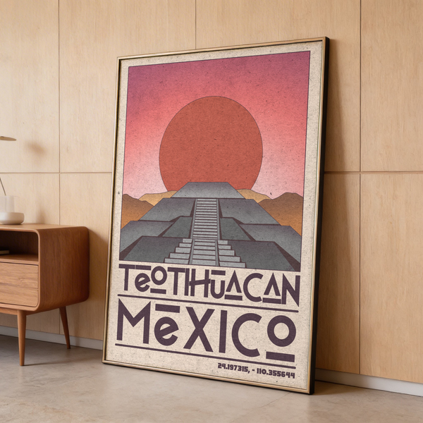Centered Teotihuacan Wall Art travel design with staircase perspective