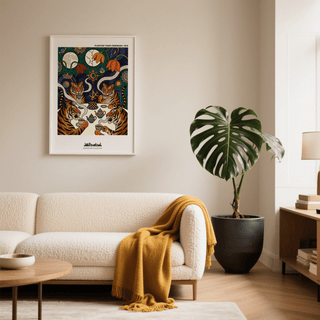 Decorative animal poster showing tigers around a tea set with teapot, cups, and checkered cake