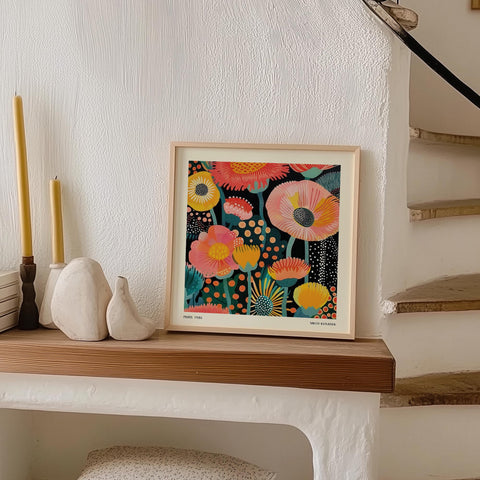 Bold Kusama-inspired floral art perfect for bedrooms or living rooms.