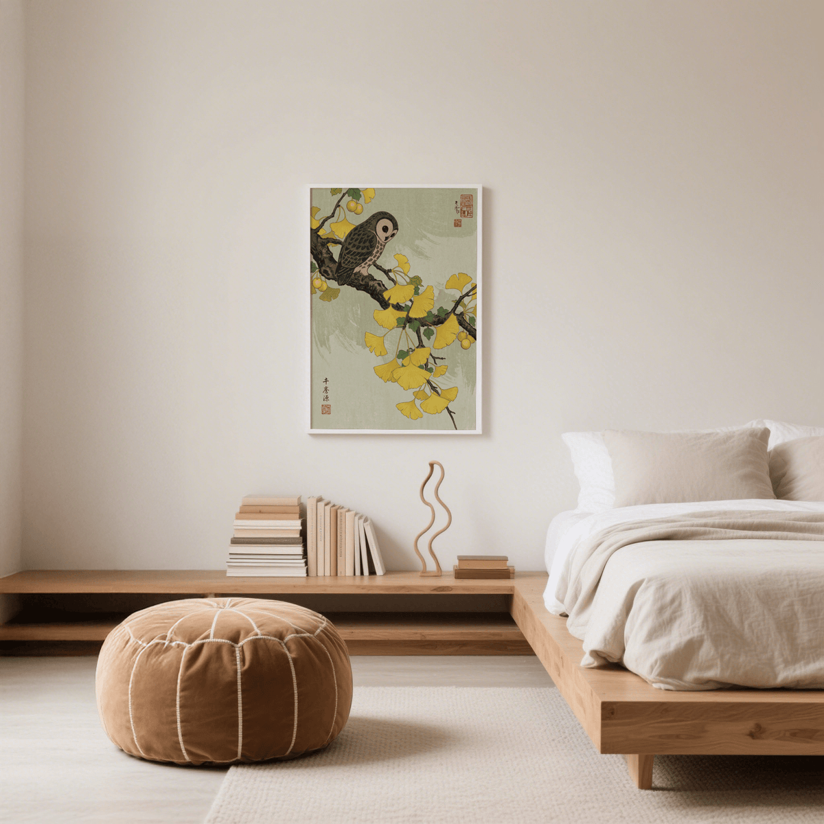 Owl and Ginkgo Print in calming Yellow and Gray for living room poster