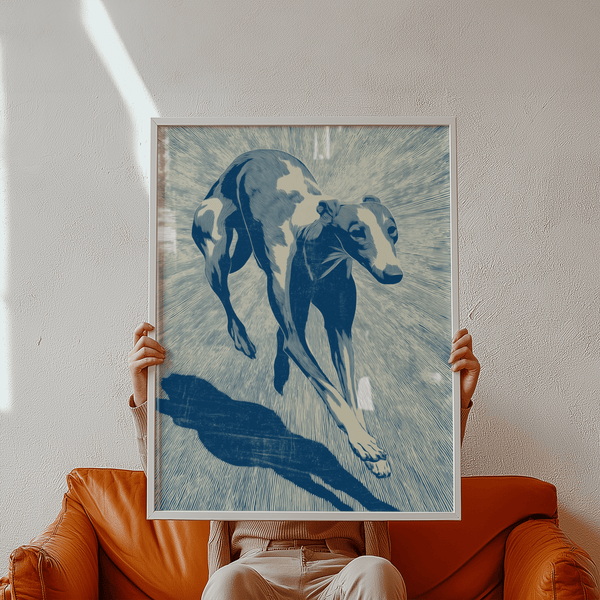 Dog Wall Art with Greyhound, Beige, Blue for office poster style