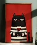 Cat Wine Art Print with whimsical style for home office wall art