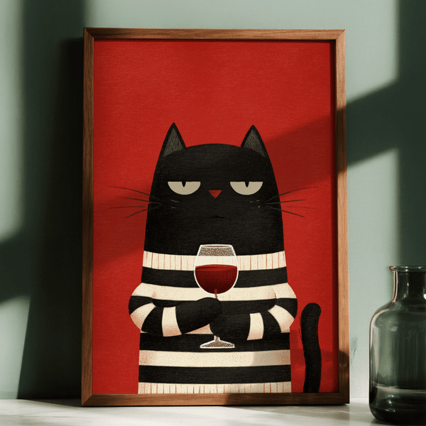Cat Wine Art Print with whimsical style for home office wall art