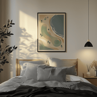 Map-style seaside golf print featuring a putting green with flag and a coastal water edge