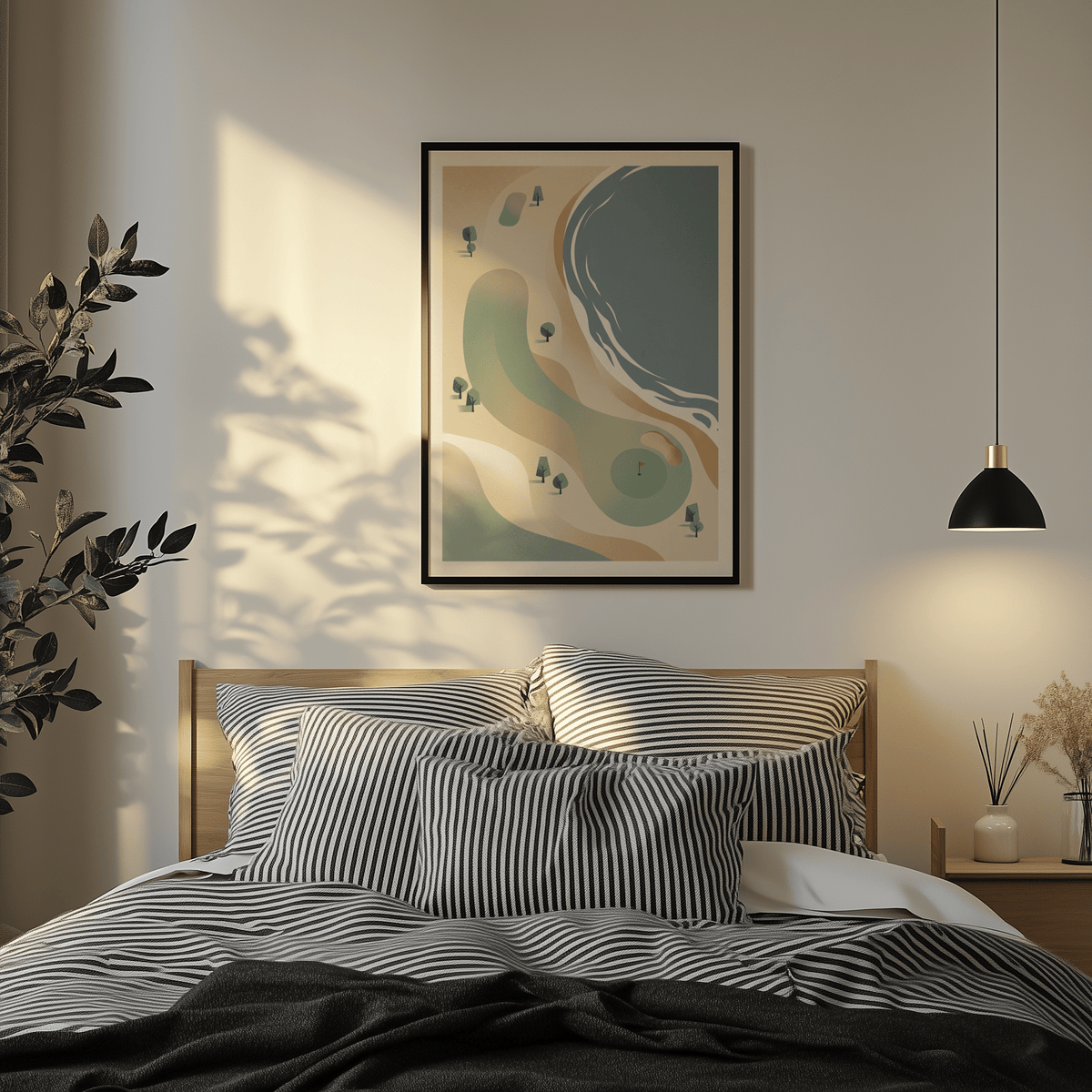 Map-style seaside golf print featuring a putting green with flag and a coastal water edge