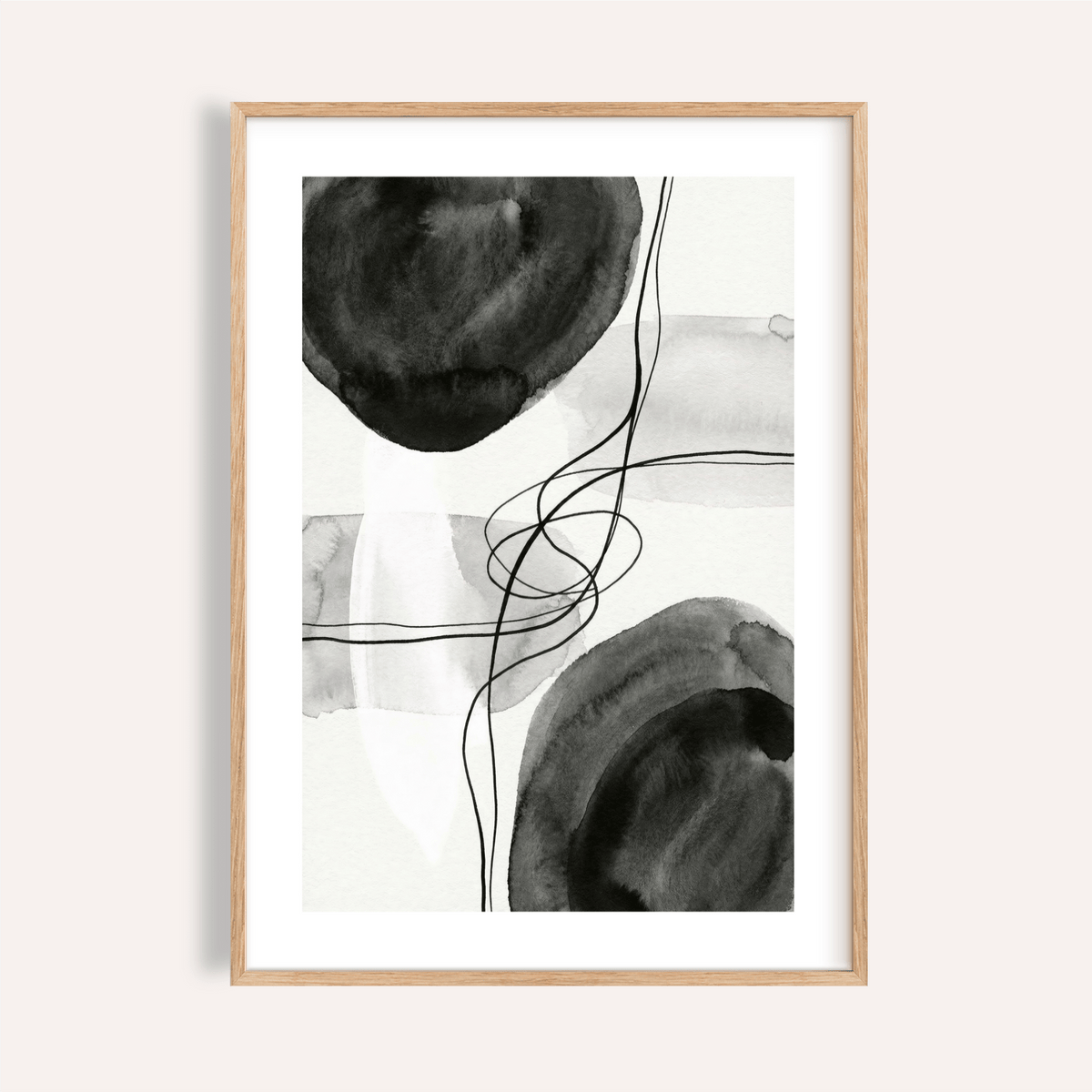 Black and White Wall Art print of ink circles and looping lines