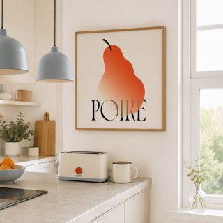 Minimal fruit poster showing an orange-gradient pear shape with black stem and large “POIRE” lettering