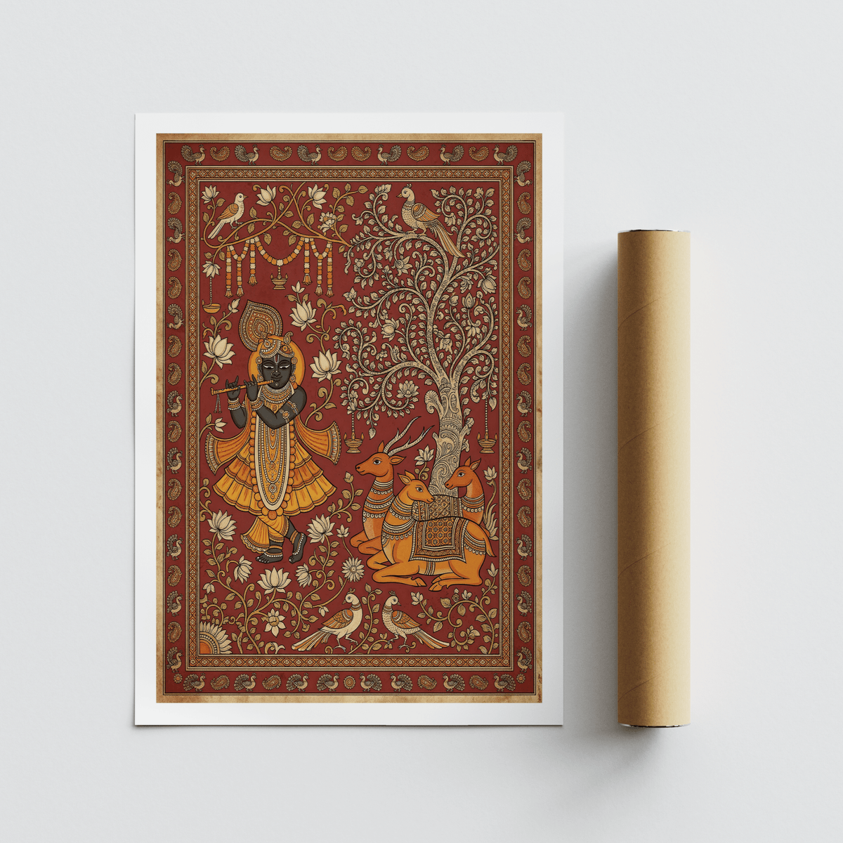 Decorative folk wall art print showing lotus flowers, hanging lamps, and patterned border