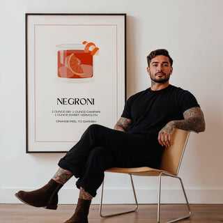 Modern bar decor print with Campari, gin, and sweet vermouth.