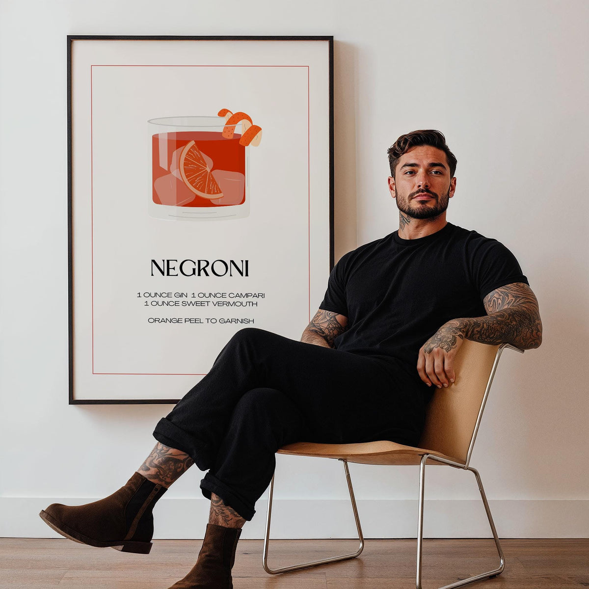 Modern bar decor print with Campari, gin, and sweet vermouth.