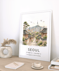 Cityscape print of Seoul with pine tree, flowers, and layered rooftops