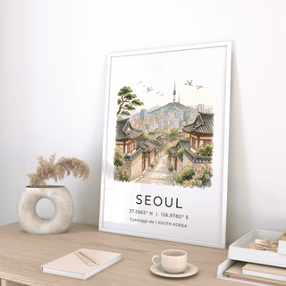 Cityscape print of Seoul with pine tree, flowers, and layered rooftops