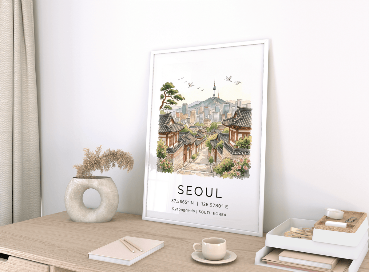 Cityscape print of Seoul with pine tree, flowers, and layered rooftops