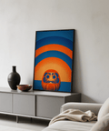 Daruma Doll Wall Art featuring blue, orange in creative studio setting