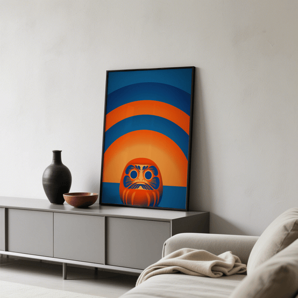 Daruma Doll Wall Art featuring blue, orange in creative studio setting