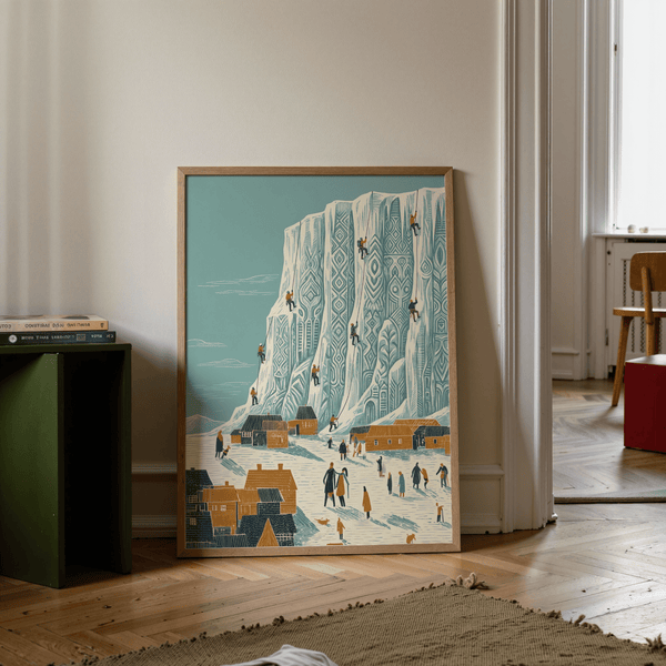 Orange and Beige Mountain Climbing Art Print for modern living spaces