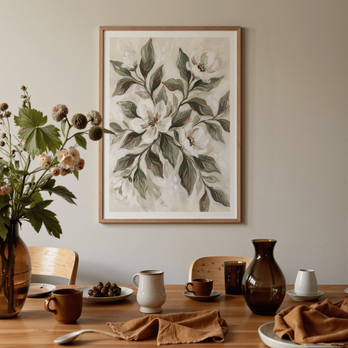 Magnolia Wall Decor canvas with Brown, Green, and White for minimalist room art