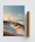 Lighthouse wall art print capturing a coastal scene with grasses and water.