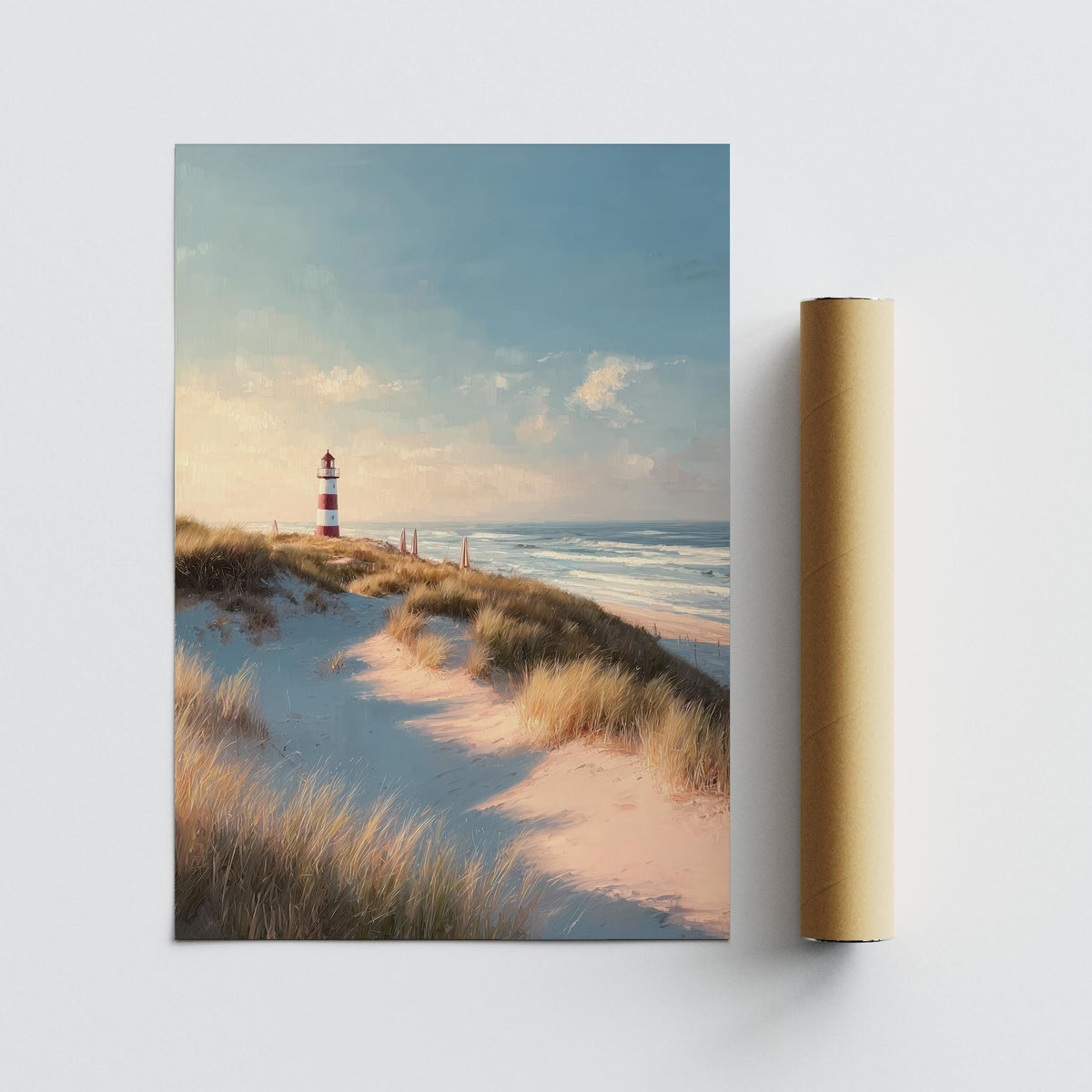 Lighthouse wall art print capturing a coastal scene with grasses and water.