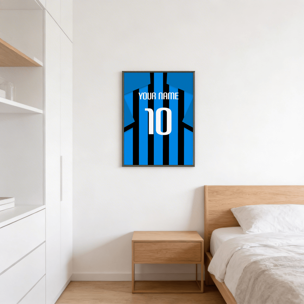 Framed Atalanta Football Shirt Poster showing vertical blue and black stripes
