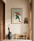 Frog in Rain Art Print, Japanese-inspired print with frog and umbrella, living room