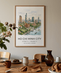 Ho Chi Minh City Wall Art with illustrated skyline, cathedral, and river boats poster