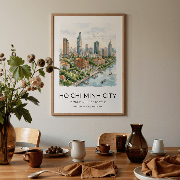 Ho Chi Minh City Wall Art with illustrated skyline, cathedral, and river boats poster