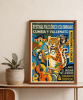 Close-up poster print of jaguar holding a microphone in a colorful music scene
