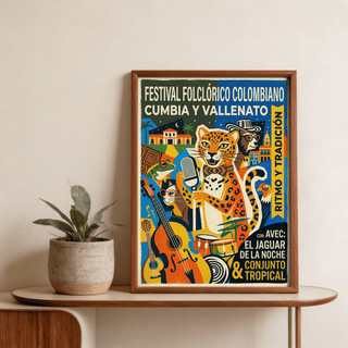 Close-up poster print of jaguar holding a microphone in a colorful music scene