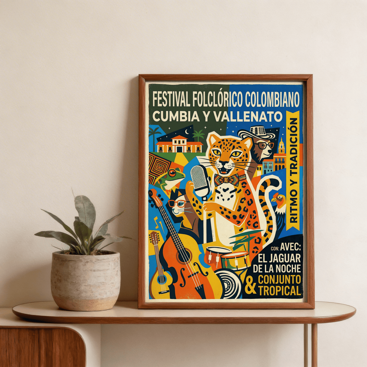 Close-up poster print of jaguar holding a microphone in a colorful music scene