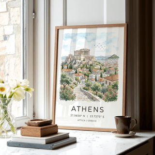 Landscape travel print of Athens with winding stone path and houses in the foreground