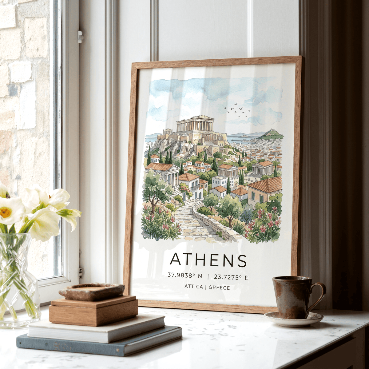 Landscape travel print of Athens with winding stone path and houses in the foreground