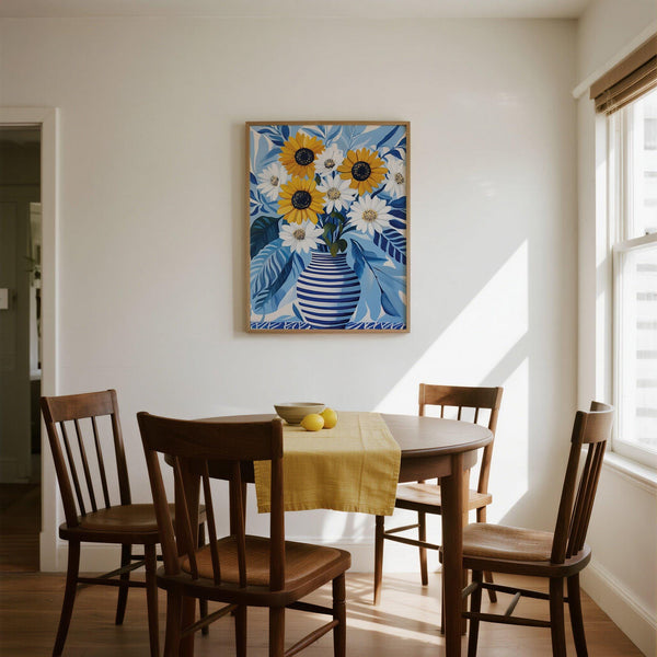 Bold Art of Sunflowers wall art with yellow and white flowers and leafy blue background.