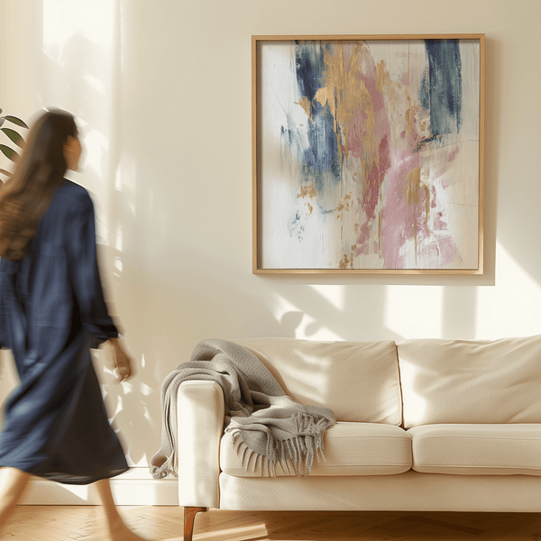 Pink Abstract Square Art wall art showing Pink, Blue, Gold in bedroom