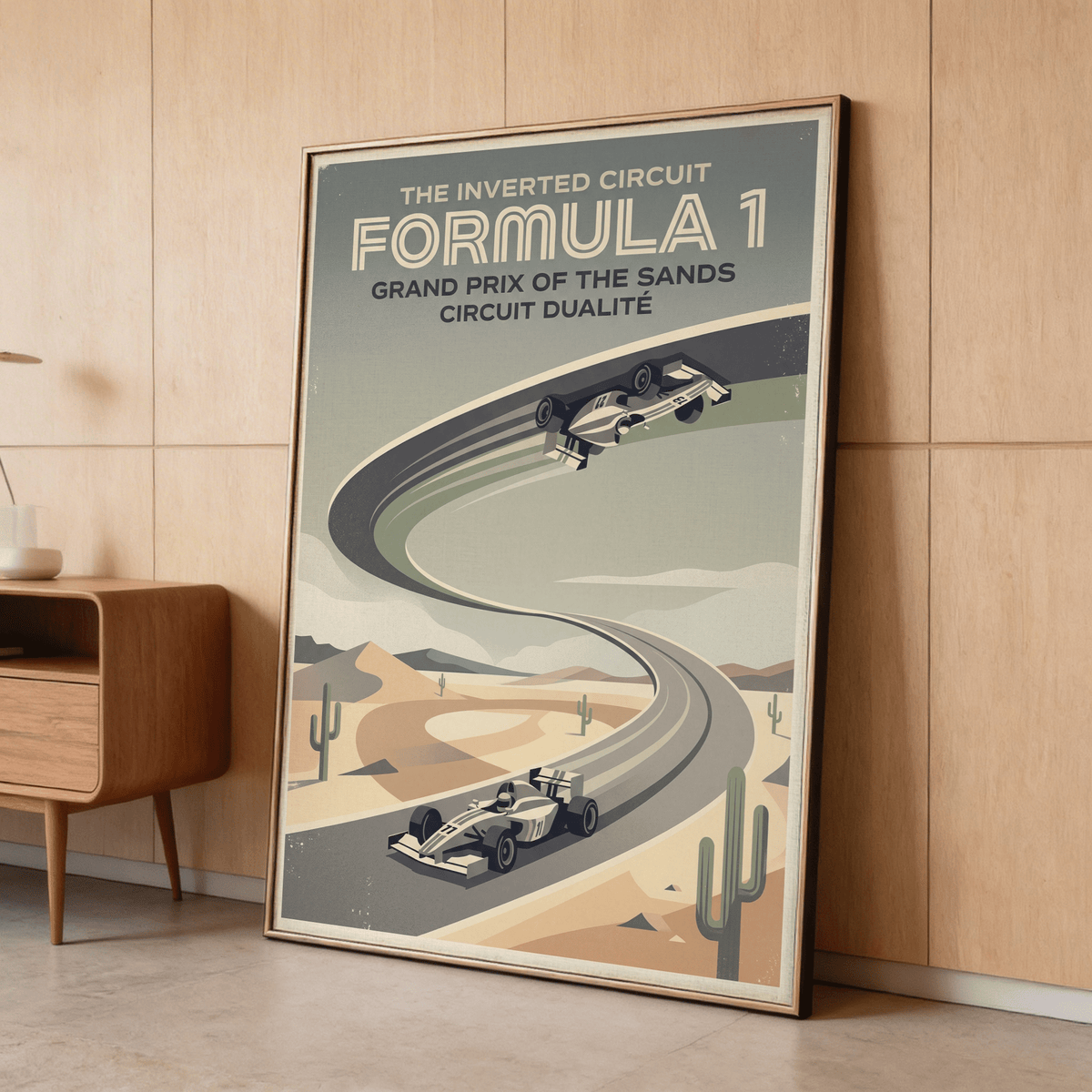 Depicting a sweeping racetrack curve, Vintage Motorsports Poster poster with desert cacti and Formula 1 lettering