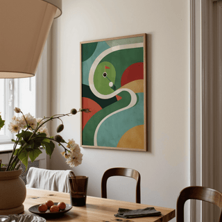 Geometric Golf Art Print in Blue and Beige with putting green and arcing paths